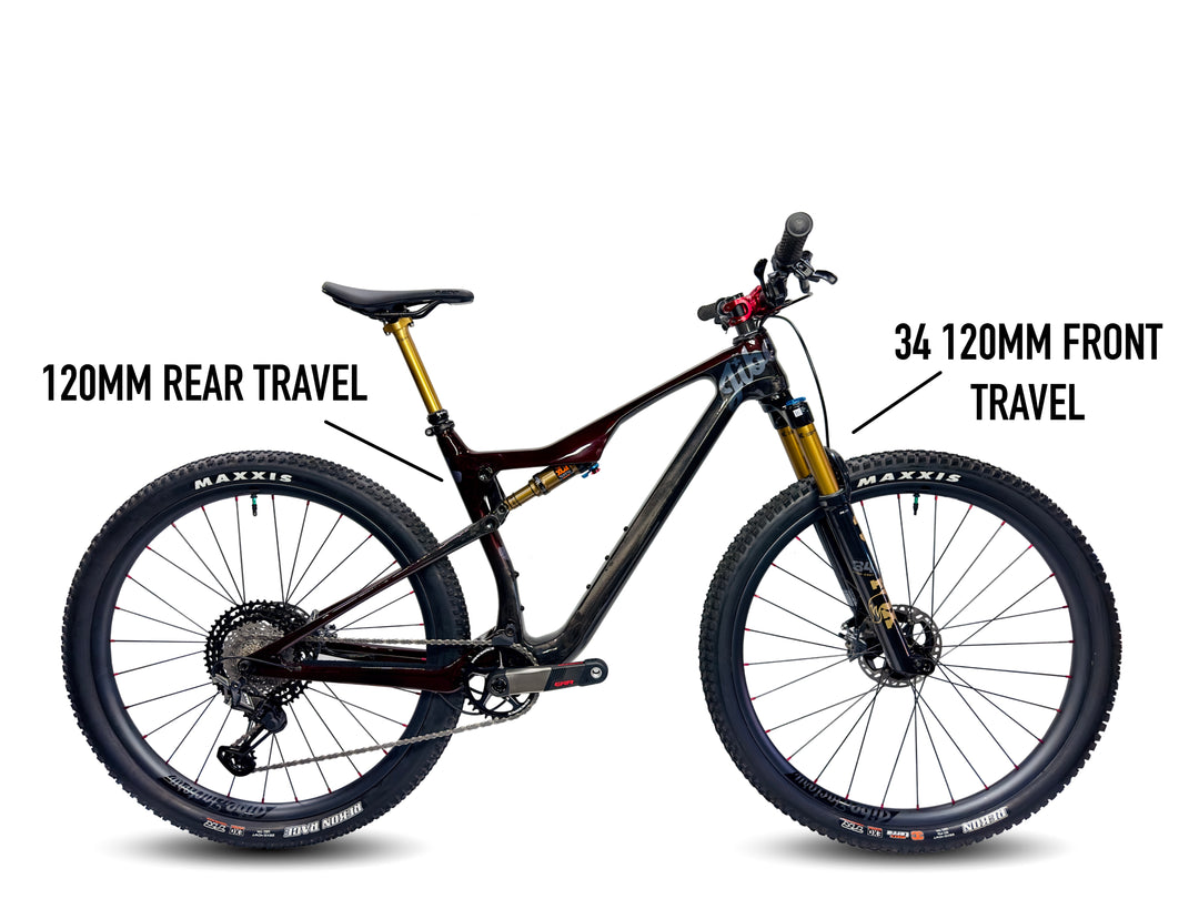JIbe XC fully with fox 120mm 34sc fork and float sl LV shock, Maxxis recon race 2.35 tires