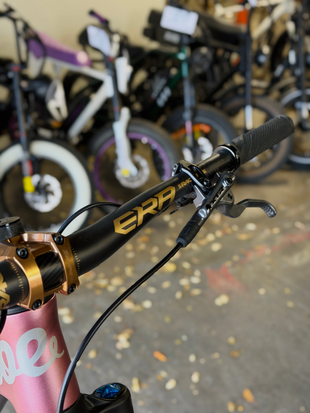Close-up of a bicycle handlebar with 'ERA' branding, blurred background of bicycles.