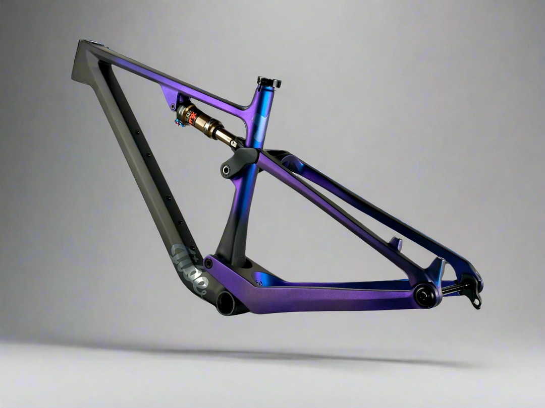 Jibe Jester frame in Galactic blue with a Fox Float shock.